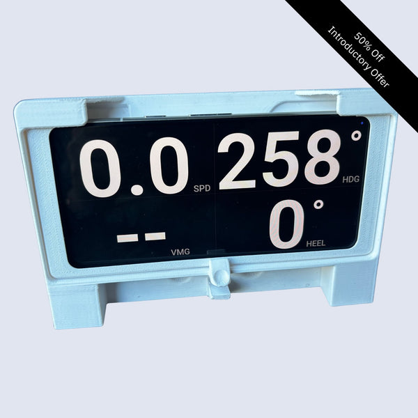 The RaceZen Deck Mount Mk1 holding a phone showing speed, heading and heel