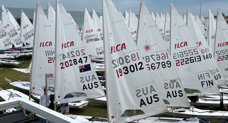 ILCA dinghies rigged in a club boat park before racing